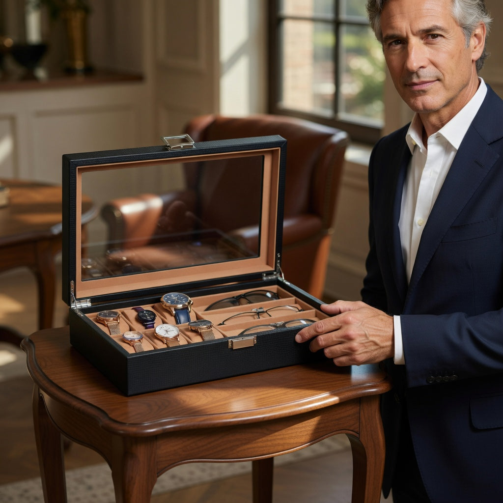 CarboneLine | Boîte Montres Lunettes Couvercle Verre | Élégante Pour Organiser