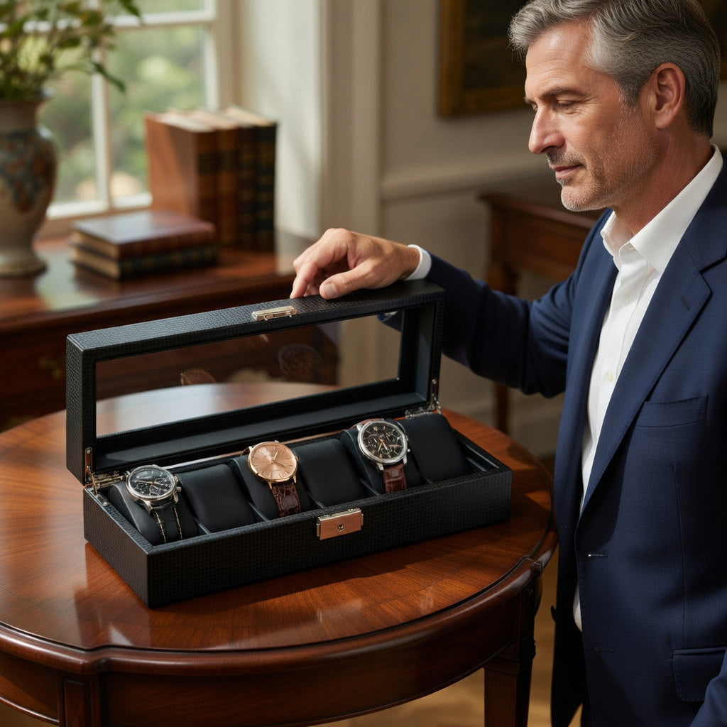 Élégance | Coffret Montre Carbone Verre | 6 Emplacements pour Protection