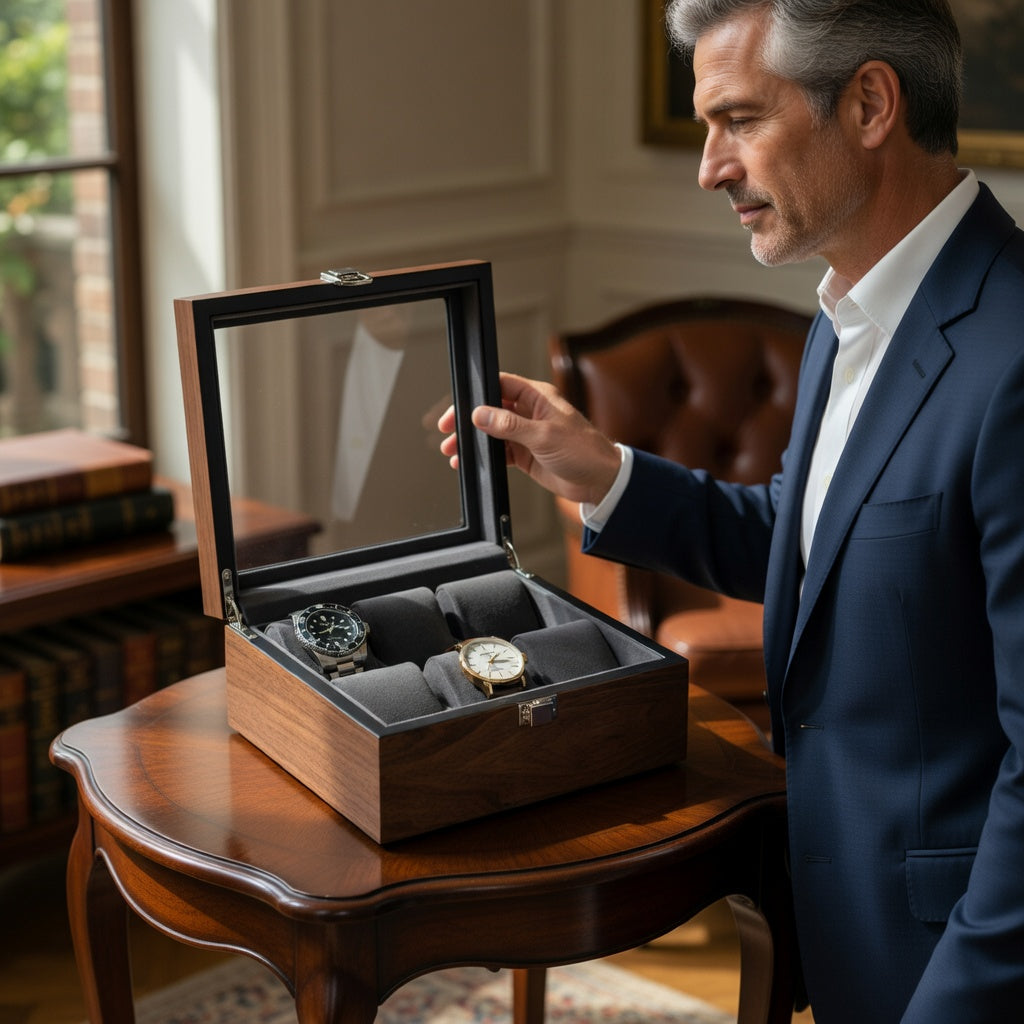 Noyer Élégance | Boîte à Montres | Couvercle en Verre | pour 6 montres