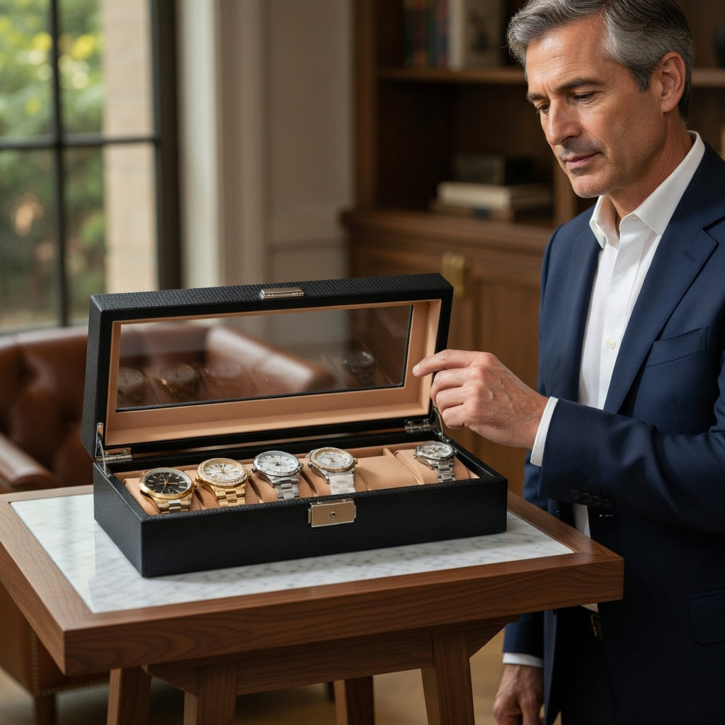 AstraLine | Boîte de Montres en Carbone Noir | Serrure à Clé pour Protéger et Exposer Vos Montres