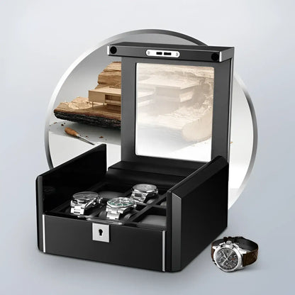 Ébène Série | Boîte Montres Obsidienne 6 Emplacements Cuir Carbone | Protection