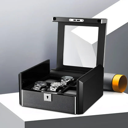 Ébène Série | Boîte Montres Obsidienne 6 Emplacements Cuir Carbone | Protection