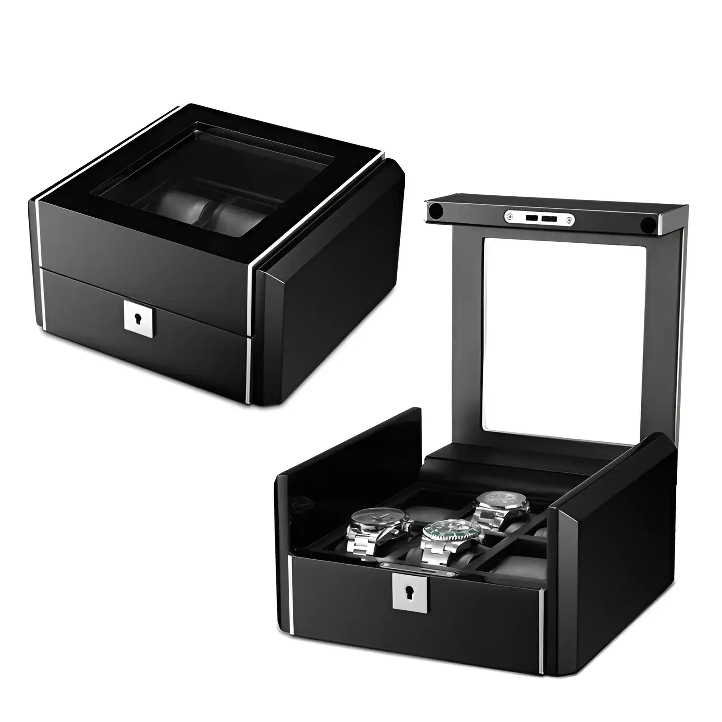 Ébène Série | Boîte Montres Obsidienne 6 Emplacements Cuir Carbone | Protection