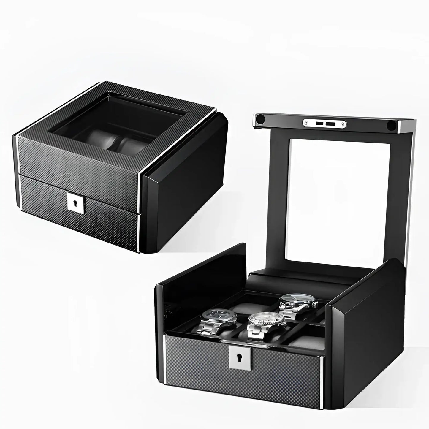 Ébène Série | Boîte Montres Obsidienne 6 Emplacements Cuir Carbone | Protection