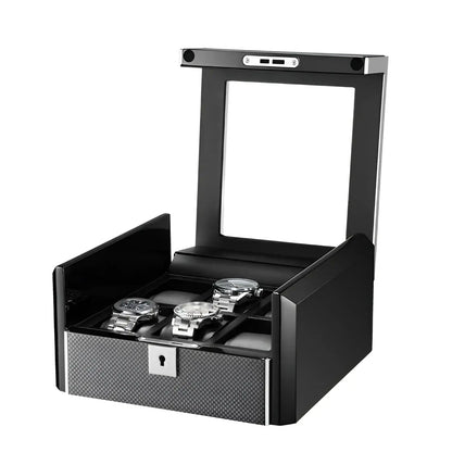 Ébène Série | Boîte Montres Obsidienne 6 Emplacements Cuir Carbone | Protection