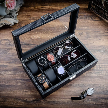 CarboneLine | Boîte Montres Lunettes Couvercle Verre | Élégante Pour Organiser