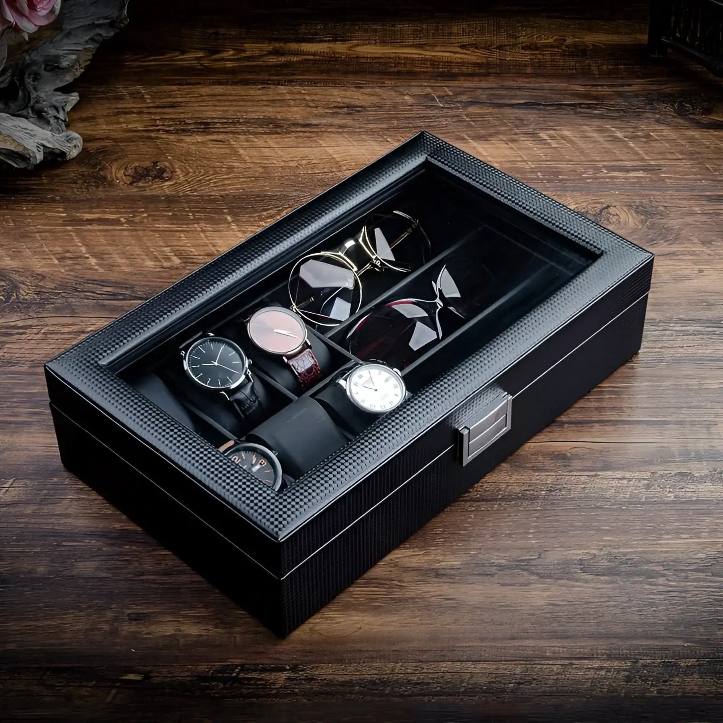 CarboneLine | Boîte Montres Lunettes Couvercle Verre | Élégante Pour Organiser