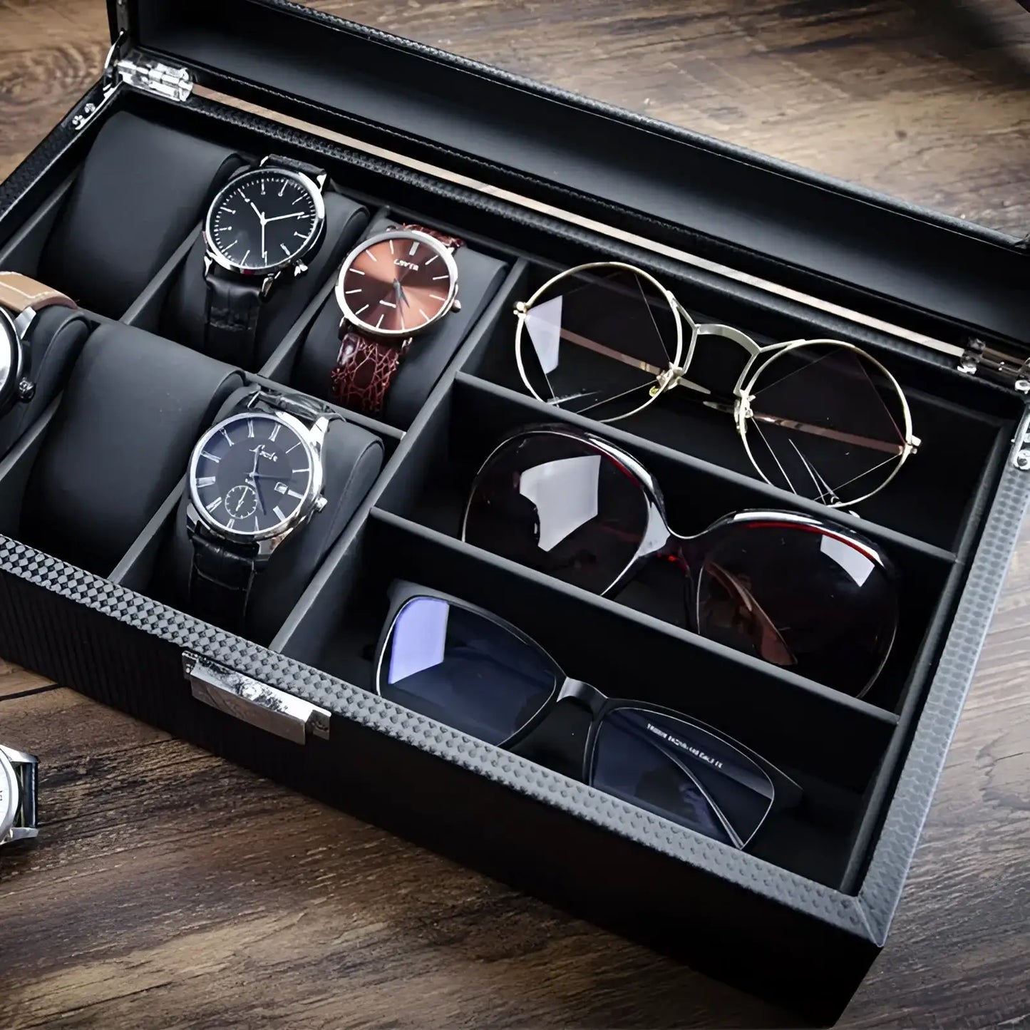 CarboneLine | Boîte Montres Lunettes Couvercle Verre | Élégante Pour Organiser