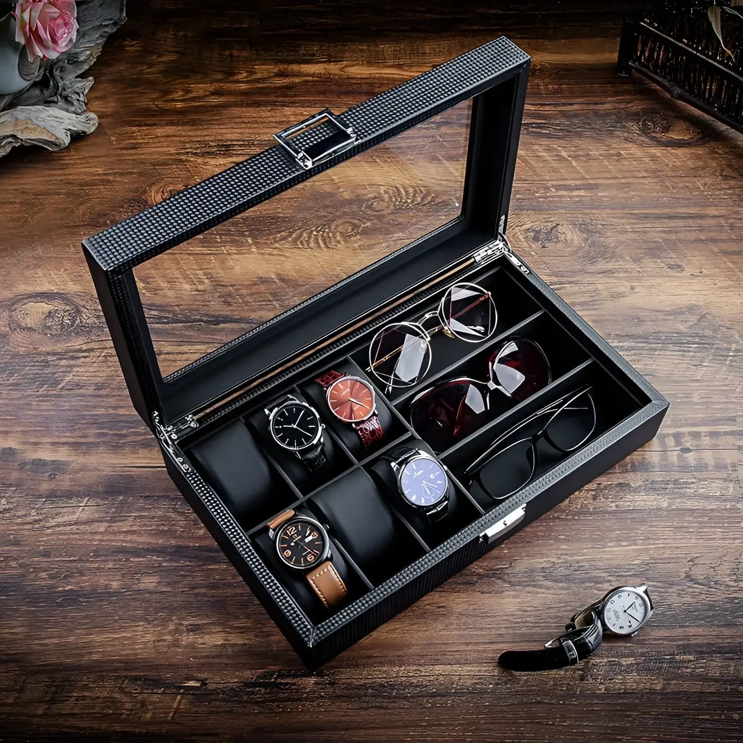 CarboneLine | Boîte Montres Lunettes Couvercle Verre | Élégante Pour Organiser