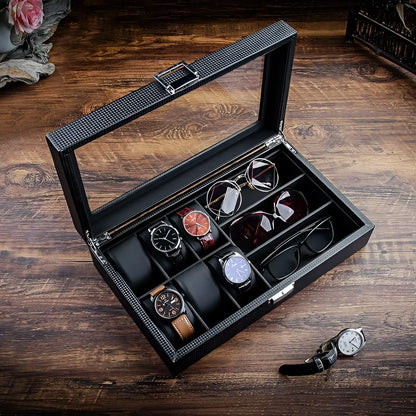CarboneLine | Boîte Montres Lunettes Couvercle Verre | Élégante Pour Organiser