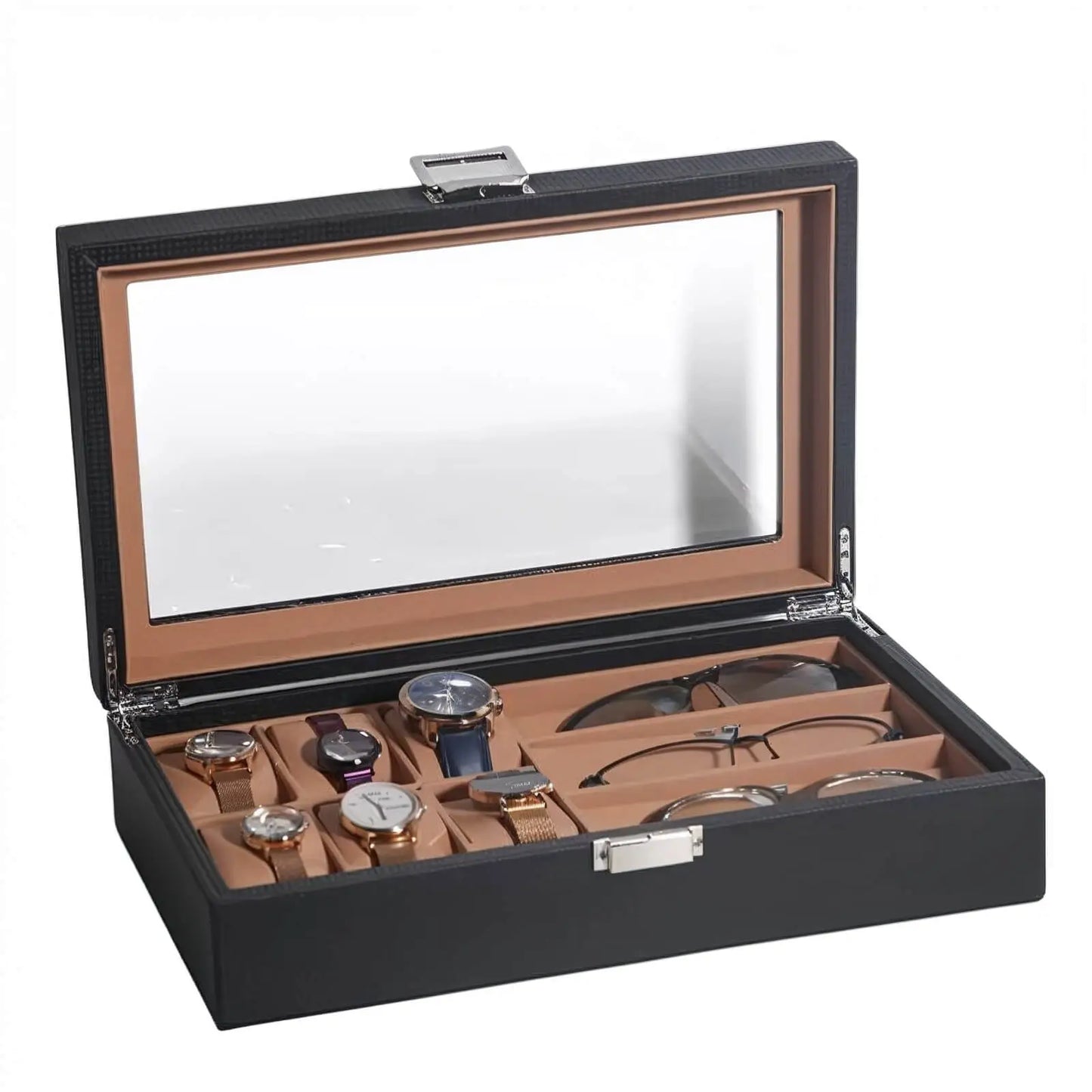 CarboneLine | Boîte Montres Lunettes Couvercle Verre | Élégante Pour Organiser