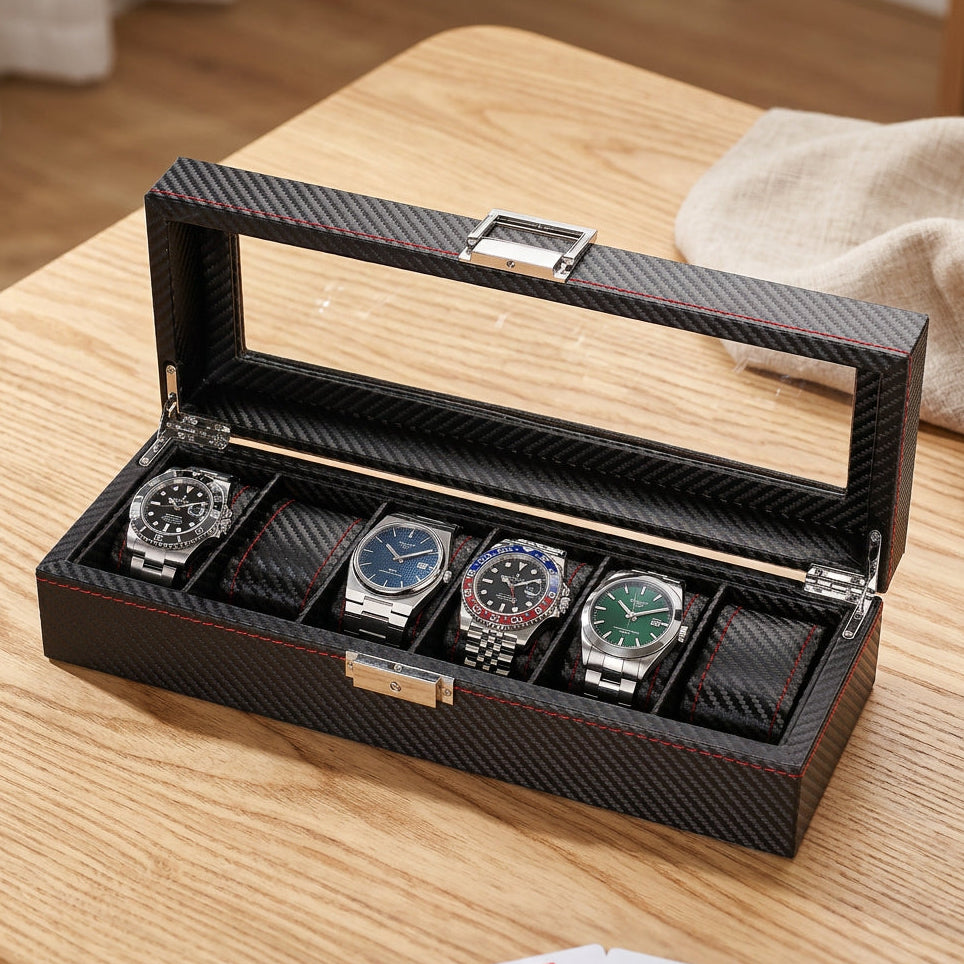 Élégance Série | Boîte à Montres Verre-Cuir Noire | 6 Montres pour Protection