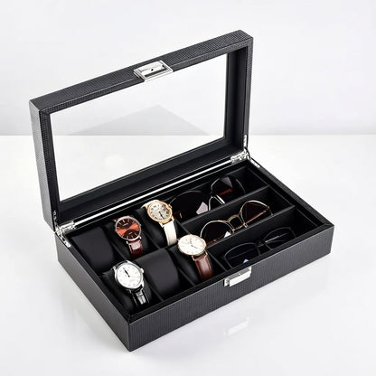 CarboneLine | Boîte Montres Lunettes Couvercle Verre | Élégante Pour Organiser
