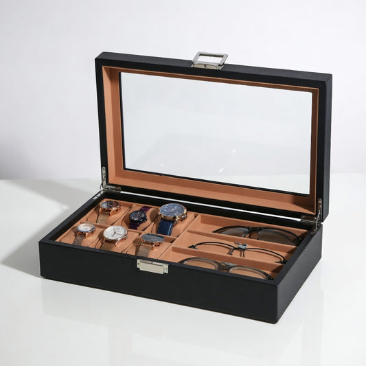 CarboneLine | Boîte Montres Lunettes Couvercle Verre | Élégante Pour Organiser