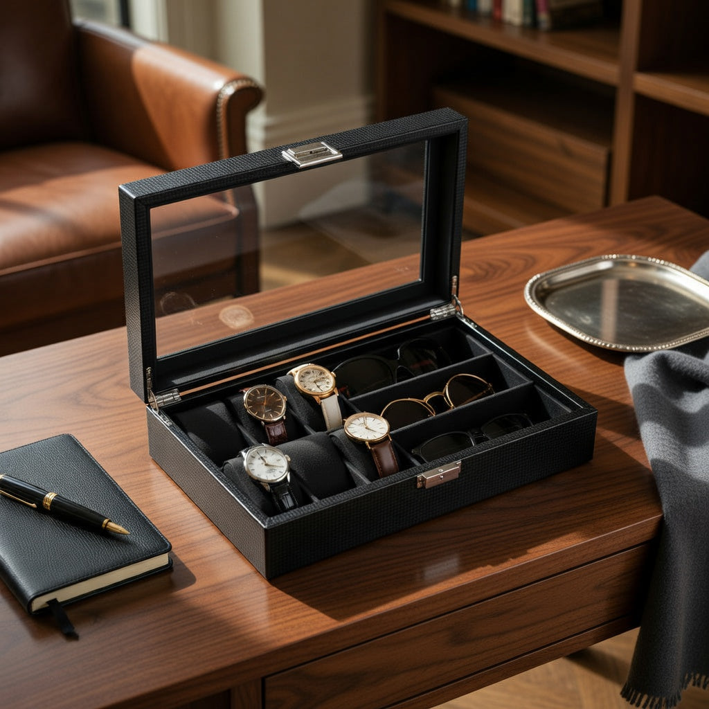 CarboneLine | Boîte Montres Lunettes Couvercle Verre | Élégante Pour Organiser