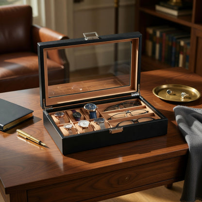 CarboneLine | Boîte Montres Lunettes Couvercle Verre | Élégante Pour Organiser