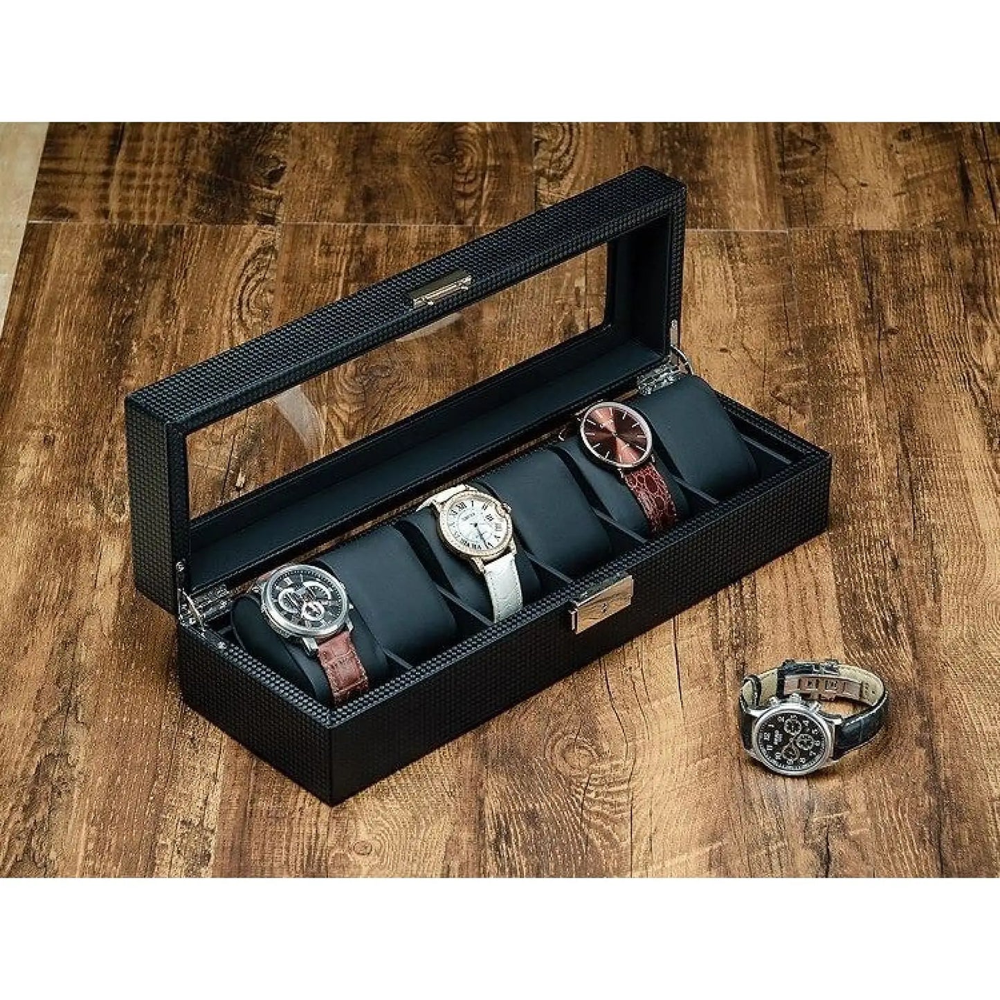 Élégance | Coffret Montre Carbone Verre | 6 Emplacements pour Protection