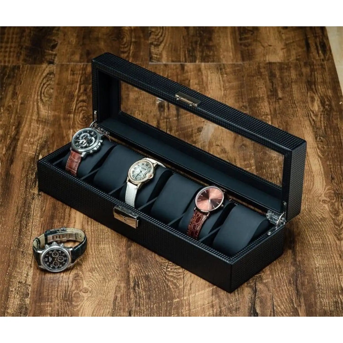 Élégance | Coffret Montre Carbone Verre | 6 Emplacements pour Protection