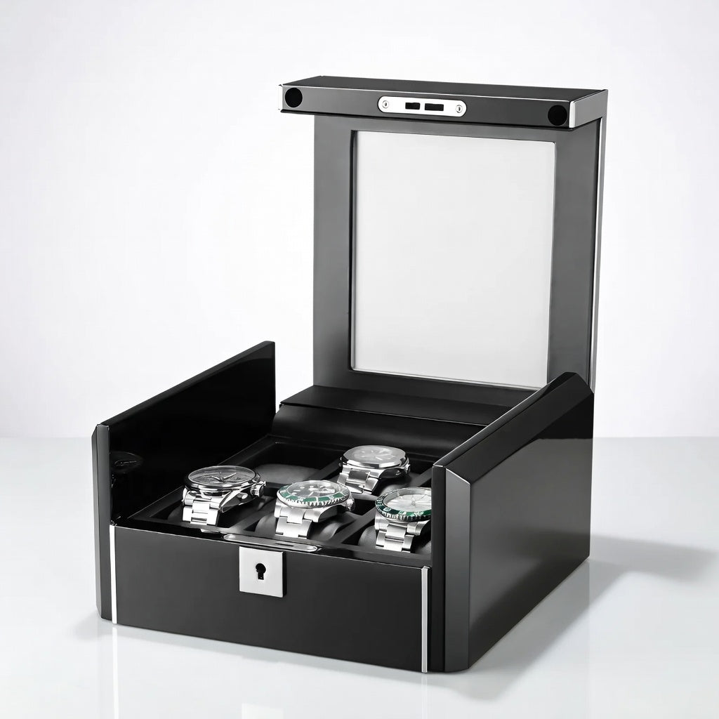 Ébène Série | Boîte Montres Obsidienne 6 Emplacements Cuir Carbone | Protection