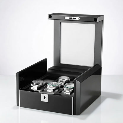 Ébène Série | Boîte Montres Obsidienne 6 Emplacements Cuir Carbone | Protection
