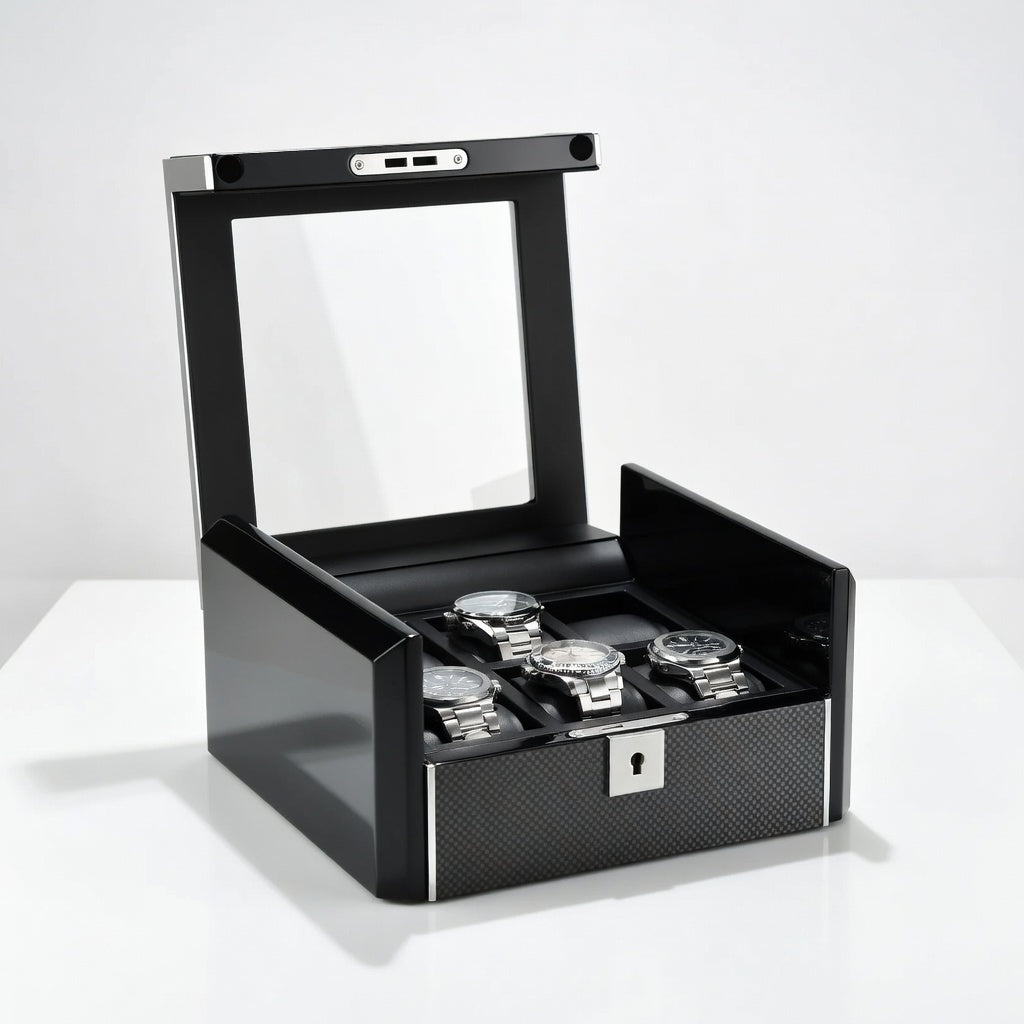 Ébène Série | Boîte Montres Obsidienne 6 Emplacements Cuir Carbone | Protection