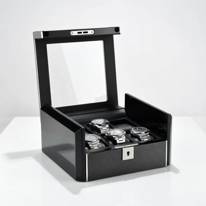 Ébène Série | Boîte Montres Obsidienne 6 Emplacements Cuir Carbone | Protection