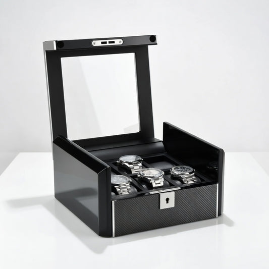 Ébène Série | Boîte Montres Obsidienne 6 Emplacements Cuir Carbone | Protection