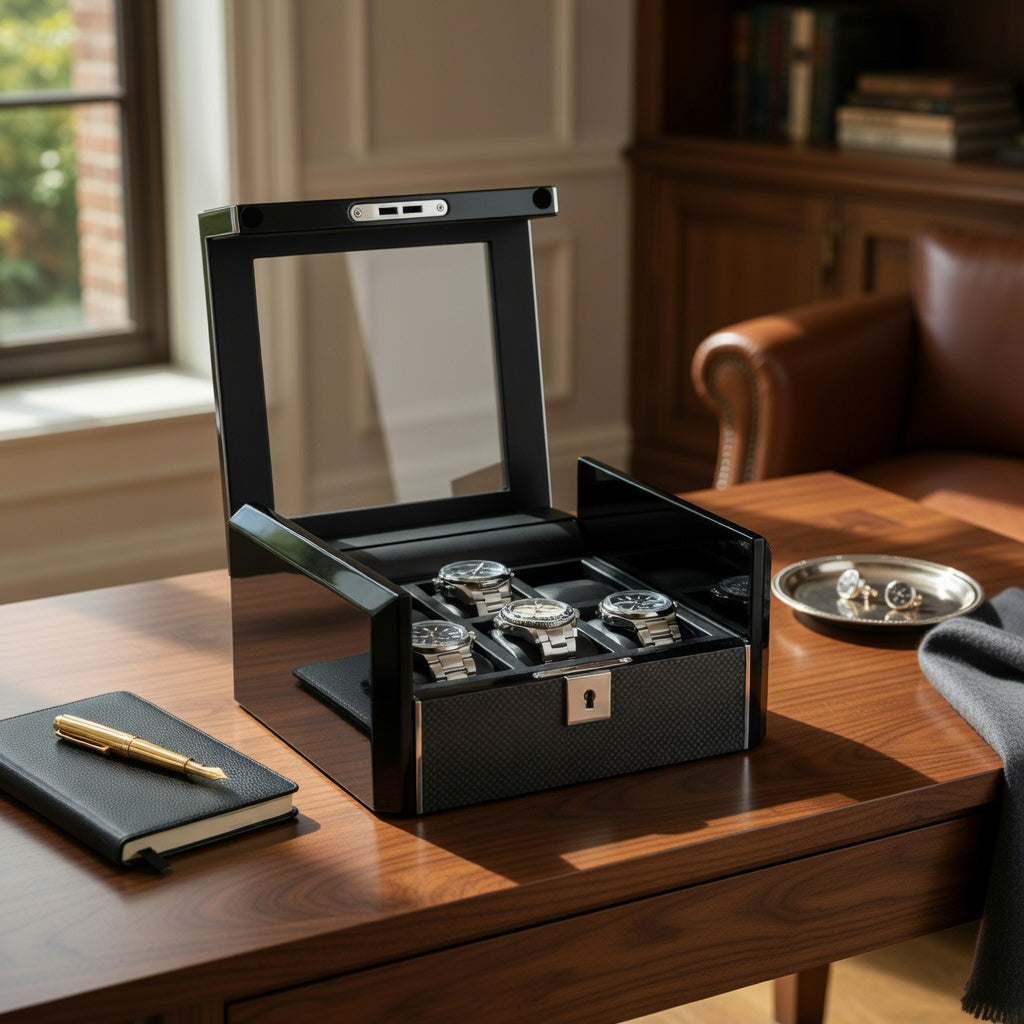 Ébène Série | Boîte Montres Obsidienne 6 Emplacements Cuir Carbone | Protection