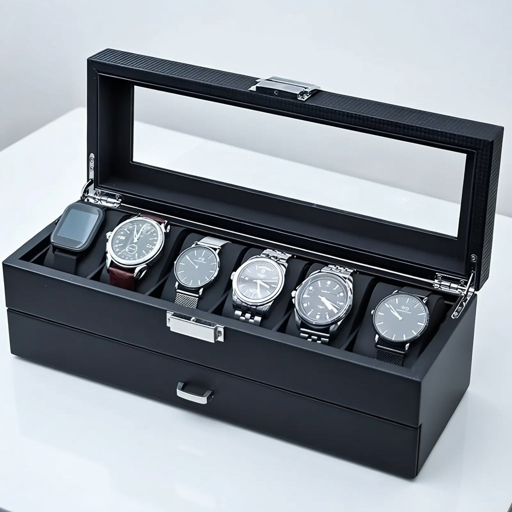 Écrin Noir | Boîte à Bijoux et Montres Plexiglas Clair | Capacité 6 Montres