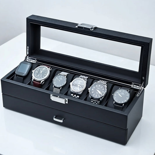 Écrin Noir | Boîte à Bijoux et Montres Plexiglas Clair | Capacité 6 Montres
