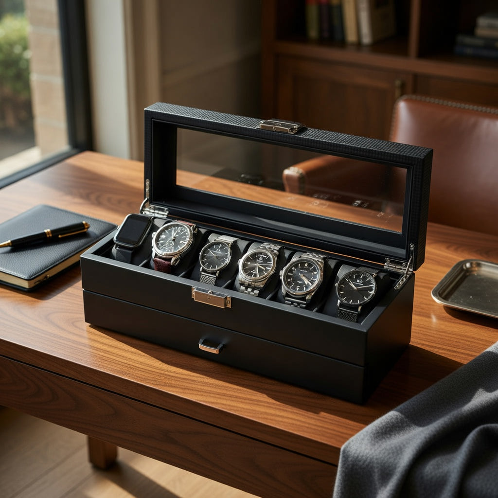 Écrin Noir | Boîte à Bijoux et Montres Plexiglas Clair | Capacité 6 Montres