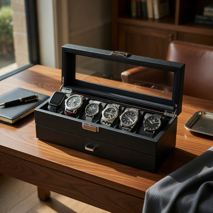 Écrin Noir | Boîte à Bijoux et Montres Plexiglas Clair | Capacité 6 Montres