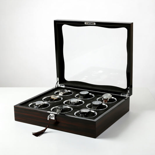 Élégance | Boîte à Montre Bois Noble Verre | Intérieur Flanelle pour 9 Montres