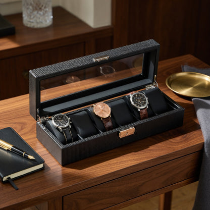 Élégance | Coffret Montre Carbone Verre | 6 Emplacements pour Protection