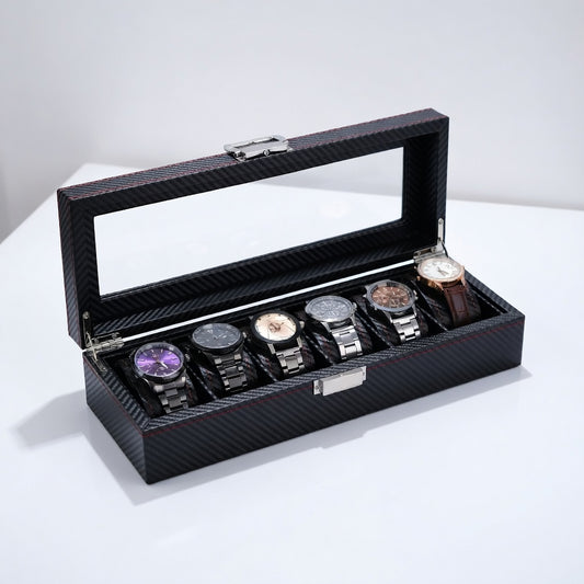 Élégance Série | Boîte à Montres Verre-Cuir Noire | 6 Montres pour Protection