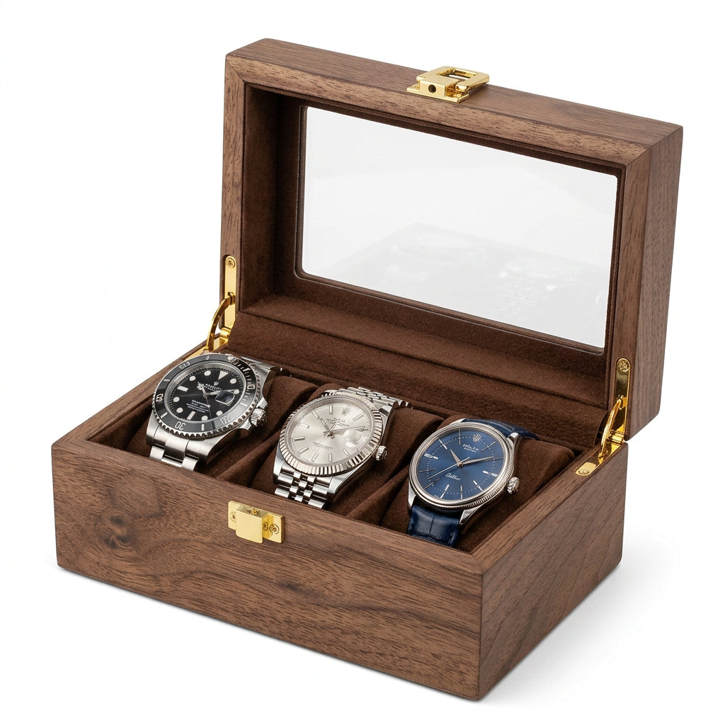 Gamme Élégante | Écrin à montres bois – Verre | Rangement sûr pour 3 montres