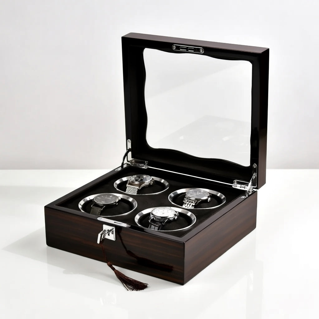 Ligne | Boîte à montres 4 emplacements Couvercle verre | Écrin raffiné pour expo
