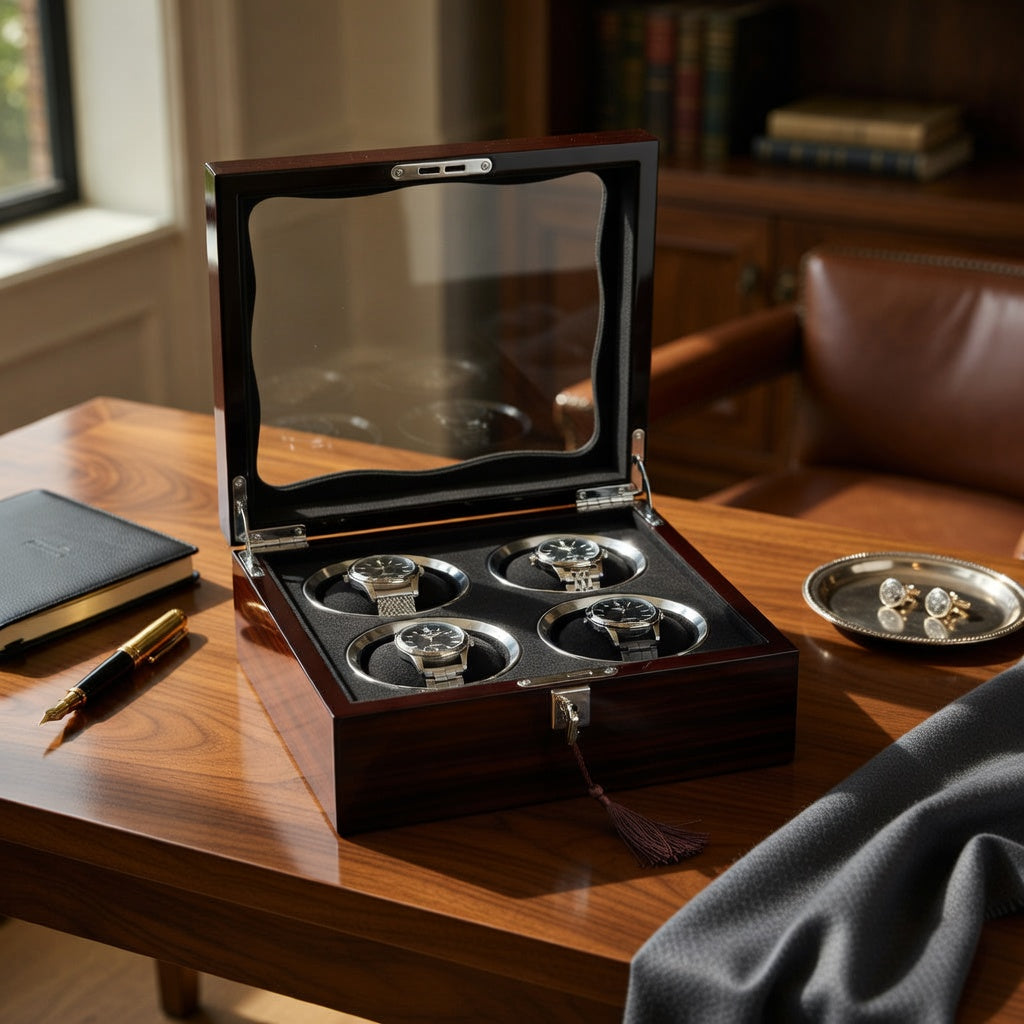 Ligne | Boîte à montres 4 emplacements Couvercle verre | Écrin raffiné pour expo