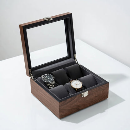 Noyer Élégance | Boîte à Montres | Couvercle en Verre | pour 6 montres