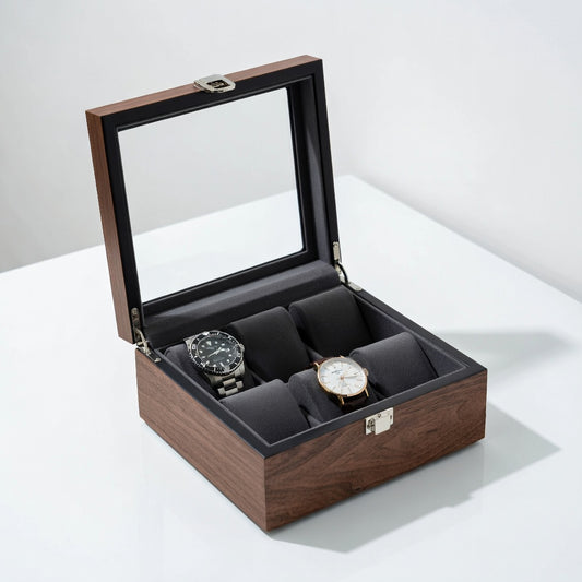 Noyer Élégance | Boîte à Montres | Couvercle en Verre | pour 6 montres