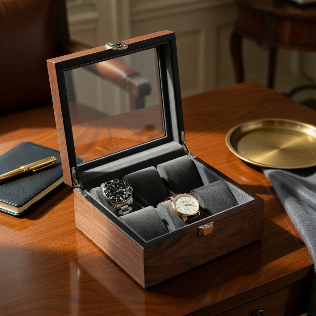 Noyer Élégance | Boîte à Montres | Couvercle en Verre | pour 6 montres